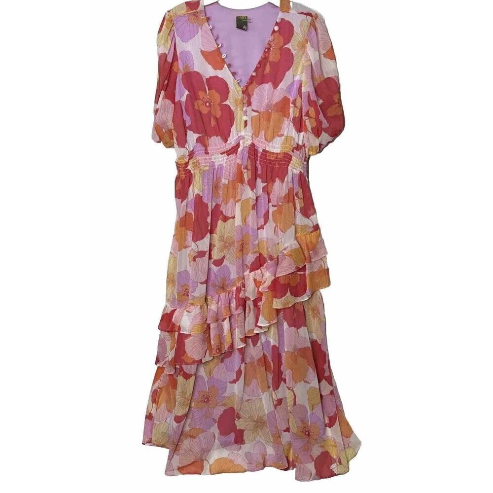 Taylor Woman Maxi Dress 16 Pink‎ Orange Floral Chiffon Line Tier Ruffle Puff S/S